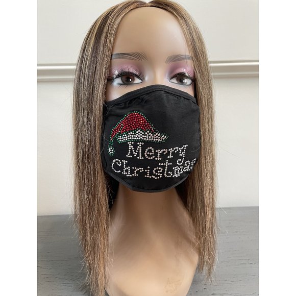 Christmas Face Mask Bling Merry Christmas With Santa Hat Rhinestone - Picture 3 of 9